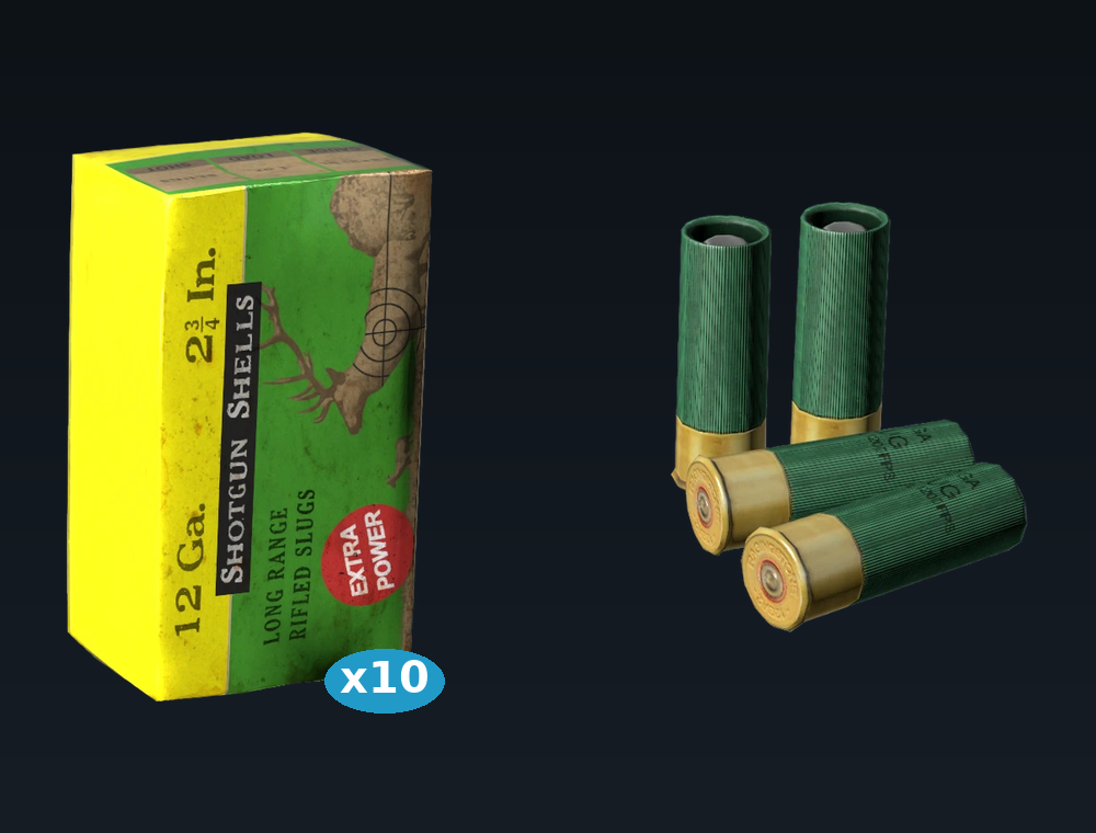 12 ga Slugs — set of 10 boxes, shown with the box and loose slugs (in-game graphics)
