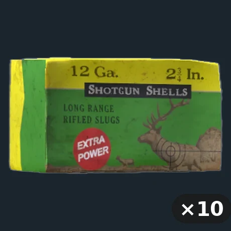 12 ga Slugs — flat-lay montage of everything in the package: Ammo Box 12ga Slug 10 Rnd ×10