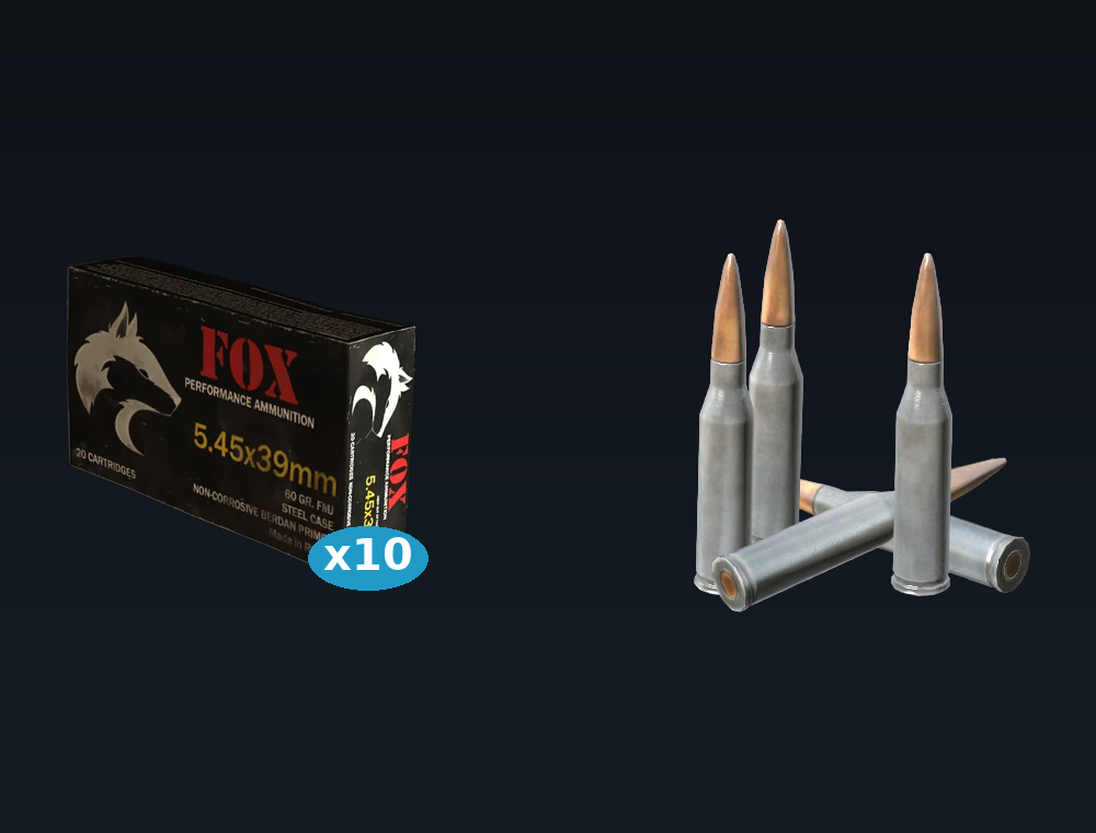 545x39 Ammo — set of 10 boxes, shown with the box and loose rounds (in-game graphics)