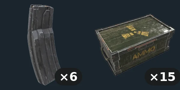60rd standard magazine — flat-lay montage of everything in the package: Mag STANAG 60 Rnd ×6, Ammo Box 556x45 20 Rnd ×15