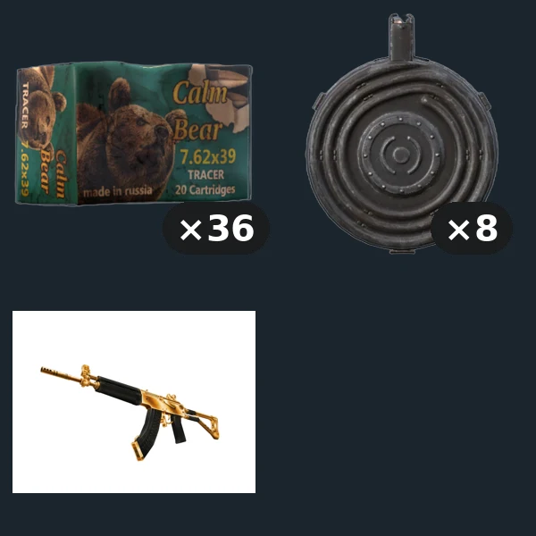 762x39 tracer 600 rounds admin — flat-lay montage of everything in the package: Ammo Box 762x39 Tracer 20 Rnd ×36, Mag AKM Drum75 Rnd Gold ×8, AKM Gold