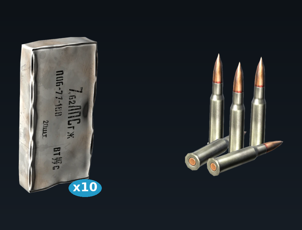 762x54 Ammo — set of 10 boxes, shown with the box and loose rounds (in-game graphics)