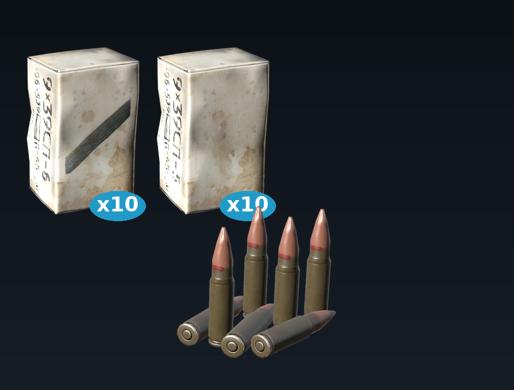 9x39 Ammo — 10 AP boxes and 10 standard boxes, shown with the tins and loose rounds (in-game graphics)