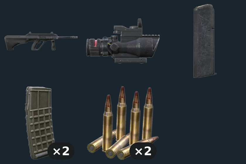 AUR AX ASSUALT RIFLE — flat-lay montage of everything in the package: Aug, ACOG Optic, Mag 1911 7 Rnd, Mag Aug 30 Rnd ×2, Ammo 556x45 ×2