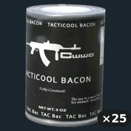 Bacon — flat-lay montage of everything in the package: Tactical Bacon Can Opened ×25