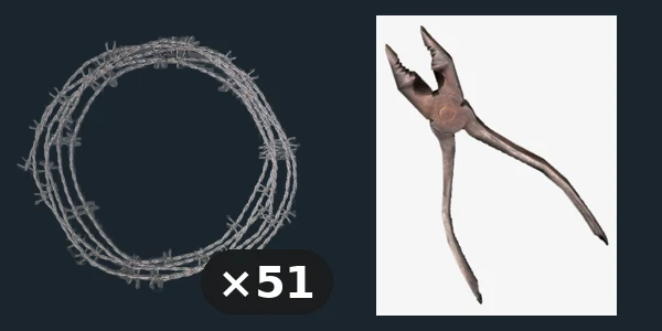 Barbed Wire — flat-lay montage of everything in the package: Barbed Wire ×51, Pliers
