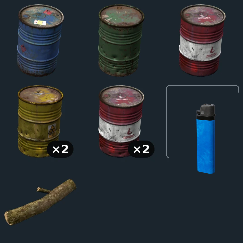 Barrels Kit — flat-lay montage of everything in the package: Barrel Blue, Barrel Green, Barrel Red, Barrel Yellow ×2, Barrel Holes Red ×2, Petrol Lighter, Firewood