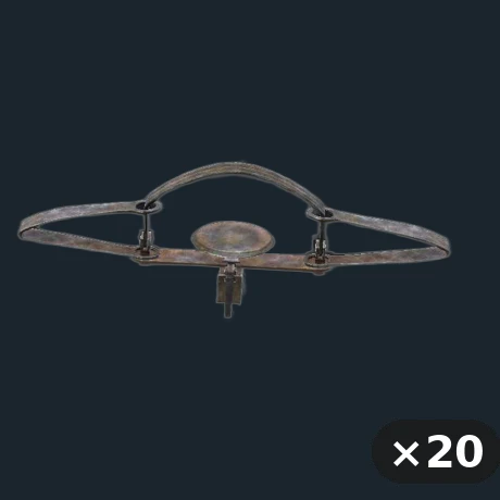 BEAR TRAPS 20 — flat-lay montage of everything in the package: Bear Trap ×20