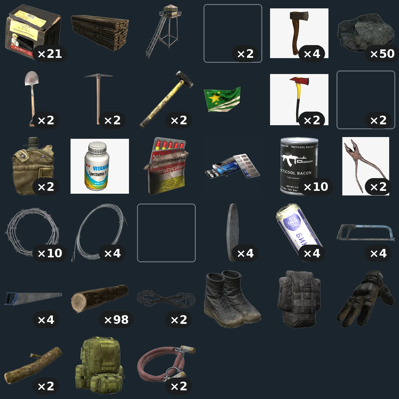 Build Kit — flat-lay montage of everything in the package: Nail Box ×21, Pile Of Wooden Planks, Watchtower Kit, Fence Kit ×2, Hatchet ×4, Stone ×50, Shovel ×2, Pickaxe ×2, Sledge Hammer ×2, Flag Day Z, Firefighter Axe ×2, Territory Flag Kit ×2, Canteen ×2, Vitamin Bottle, Tetracycline Antibiotics, Painkiller Tablets, Tactical Bacon Can Opened ×10, Pliers ×2, Barbed Wire ×10, Metal Wire ×4, Tomato Seeds Pack, Whetstone ×4, Bandage Dressing ×4, Hacksaw ×4, Hand Saw ×4, Wooden Log ×98, Rope ×2, Combat Boots Black, Attack2 Bag Black, Tactical Gloves Black, Firewood ×2, Attack2 Bag Green, Combination Lock4 ×2 (no game graphic could be sourced for: Fence Kit, Territory Flag Kit, Tomato Seeds Pack)