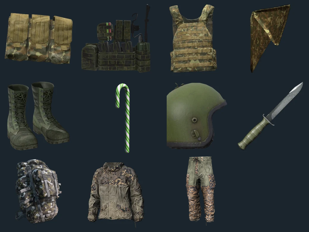 Camo Clothing — full camo kit: plate carrier set, bandana, jungle boots, candy cane, Gorka helmet, combat knife, Attack2 bag, Gorka jacket and pants (in-game graphics)