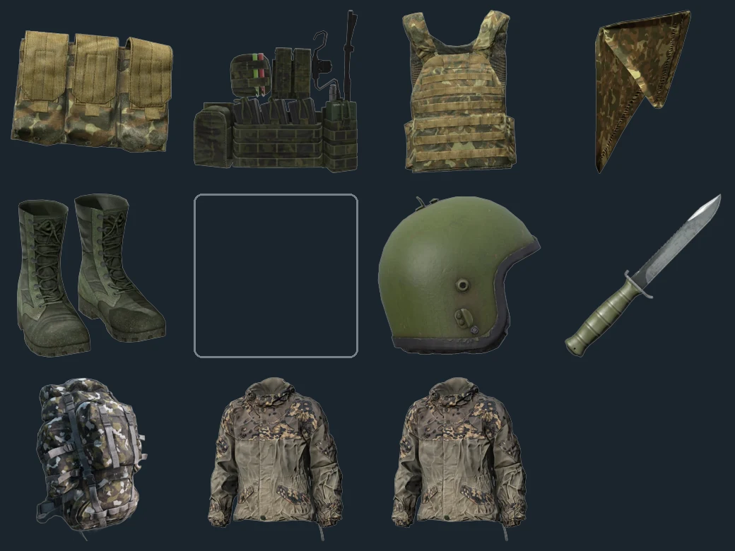 Camo Clothing — flat-lay montage of everything in the package: Plate Carrier Holster Camo, Plate Carrier Pouches Camo, Plate Carrier Vest Camo, Bandana Camopattern, Jungle Boots Green, Candycane Green, Gorka Helmet, Combat Knife, Attack2 Bag Yeger, Gorka E Jacket Autumn, Gorka Pants Autumn (no game graphic could be sourced for: Candycane Green)