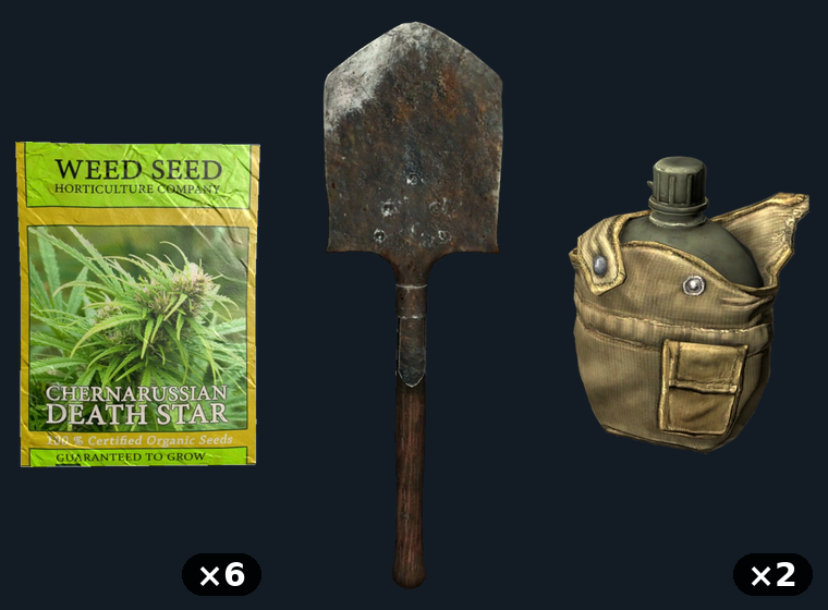 Cannabis farmers kit — flat-lay montage of everything in the package: Cannabis Seeds Pack ×6, Field Shovel, Canteen ×2