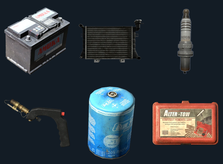 Car & Hummer Repair Kit — flat-lay montage of everything in the package: Car Battery, Car Radiator, Spark Plug, Blowtorch, Large Gas Canister, Tire Repair Kit