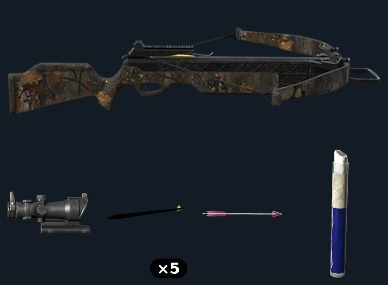 Cross Bow — flat-lay montage of everything in the package: Crossbow Autumn, ACOG Optic, Hunting Bolt ×5, Cupids Bolt, Epoxy Putty