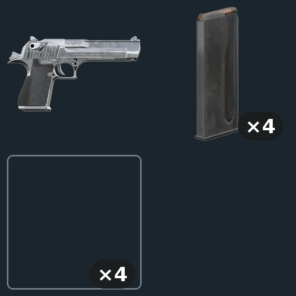 Deagle handgun — flat-lay montage of everything in the package: Deagle, Mag Deagle 9rnd ×4, Ammo Box 357 20 Rnd ×4 (no game graphic could be sourced for: Ammo Box 357 20 Rnd)