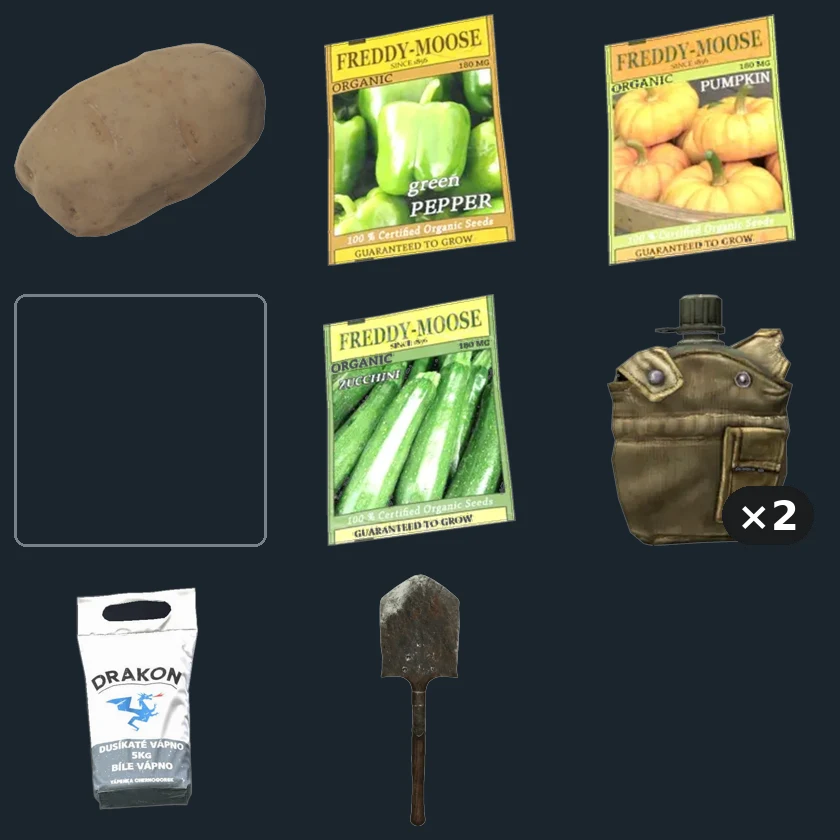 Farming Kit — flat-lay montage of everything in the package: Potato Seed, Pepper Seeds Pack, Pumpkin Seeds Pack, Tomato Seeds Pack, Zucchini Seeds Pack, Canteen ×2, Garden Lime, Field Shovel (no game graphic could be sourced for: Tomato Seeds Pack)