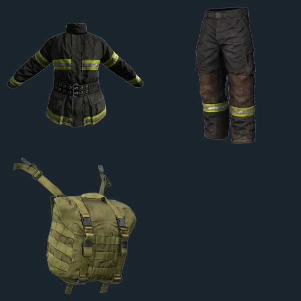 Fire Clothing black — flat-lay montage of everything in the package: Firefighter Jacket Black, Firefighters Pants Black, Smersh Bag