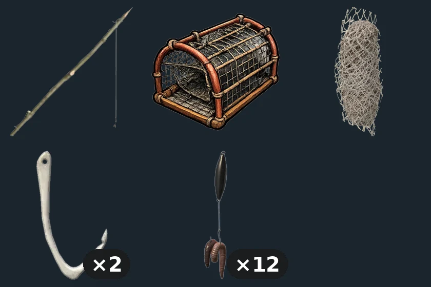 Fishing Kit — flat-lay montage of everything in the package: Improvised Fishing Rod, Small Fish Trap, Fish Net Trap, Hook ×2, Worm ×12
