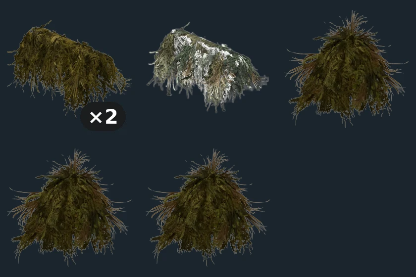 Ghillie Suit - Green — flat-lay montage of everything in the package: Ghillie Suit Mossy ×2, Ghillie Att Mossy, Ghillie Bushrag Mossy, Ghillie Hood Mossy, Ghillie Top Mossy