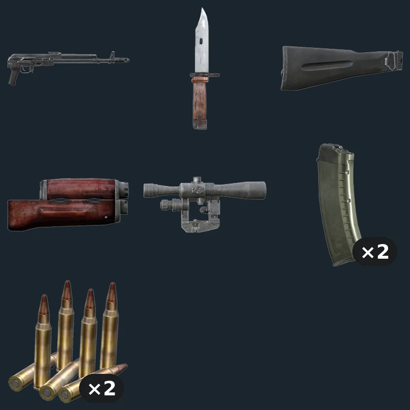 KA-101 — flat-lay montage of everything in the package: AK101 Black, AK Bayonet, AK Plastic Bttstck Black, AK Wood Hndgrd Black, PSO6 Optic, Mag AK101 30 Rnd ×2, Ammo 556x45 ×2