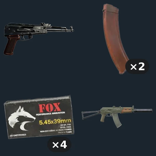 KA MINI — flat-lay montage of everything in the package: AKS74 U Bttstck, Mag AK74 45 Rnd ×2, Ammo Box 545x39 20 Rnd ×4, AKS74 U Green