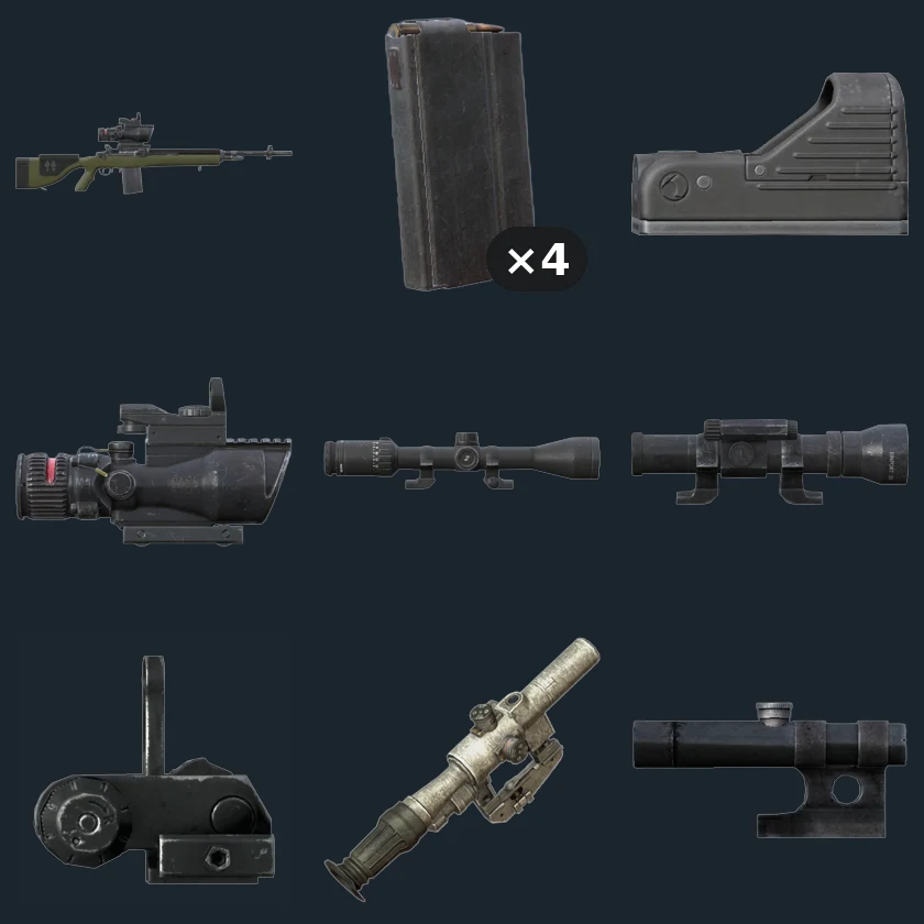 M14 DMR & Ammo — flat-lay montage of everything in the package: M14, Mag M14 20 Rnd ×4, FNP45 MRDS Optic, ACOG Optic 6x, Hunting Optic, Sporting Optic, BUIS Optic, PSO11 Optic, PU Scope Optic