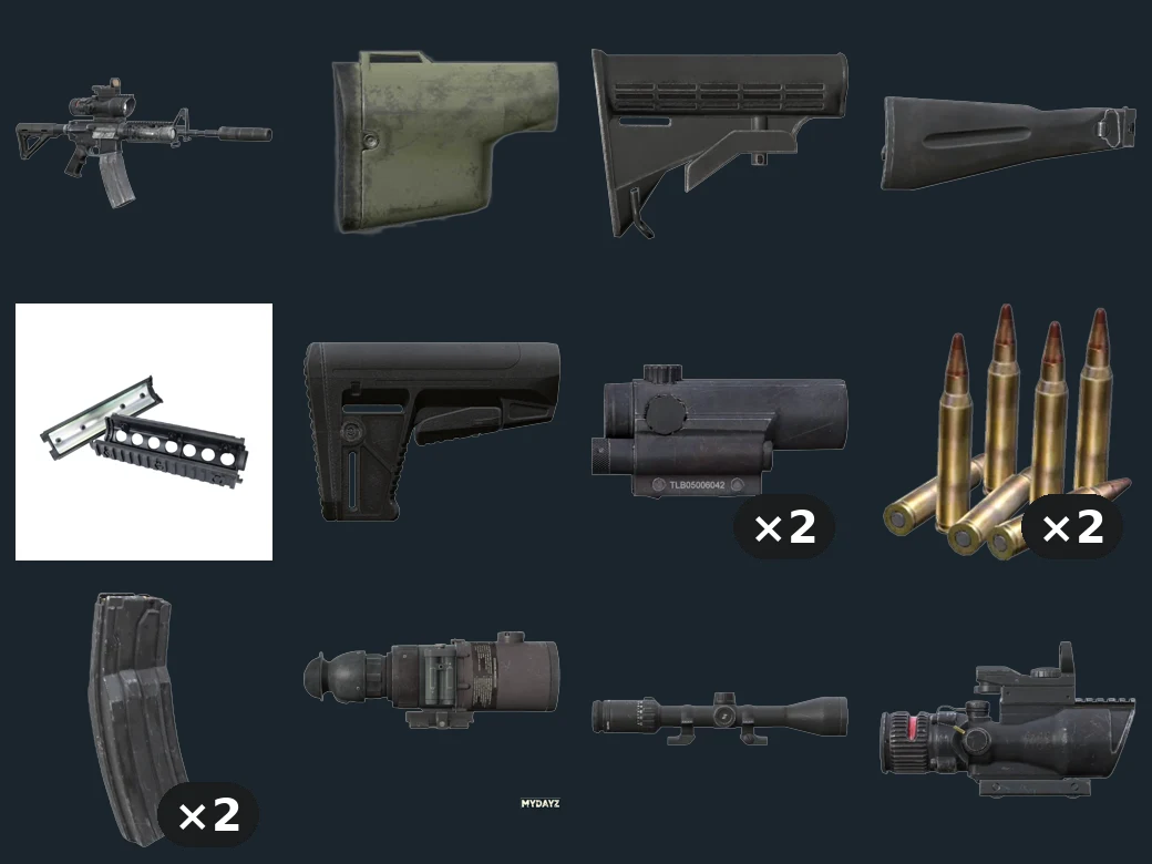 M4A1 ASSUALT RIFLE — flat-lay montage of everything in the package: M4 A1 Black, M4 CQB Bttstck, M4 OE Bttstck, M4 Plastic Hndgrd, M4 RIS Hndgrd Black, M4 Suppressor, M4 T3 NRDS Optic ×2, Ammo 556x45 ×2, Mag STANAG 60 Rnd ×2, MK4 Optic Black, Hunting Optic, ACOG Optic 6x