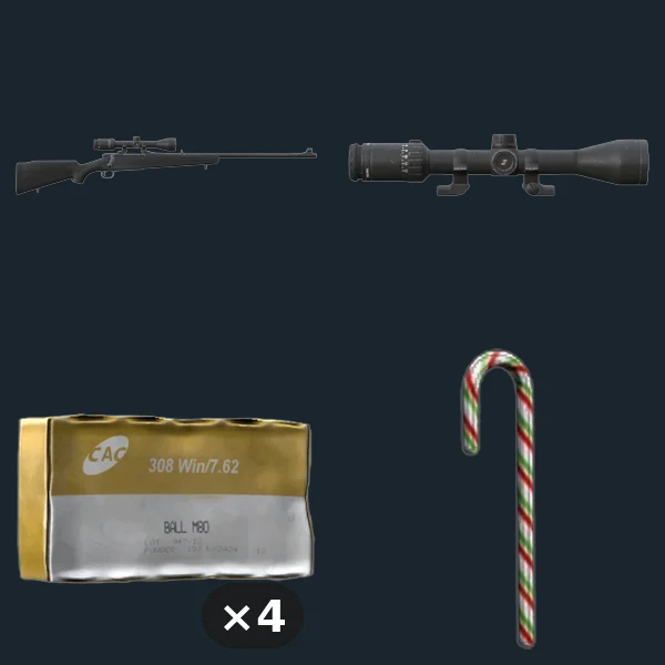 M70 Tundra Black — flat-lay montage of everything in the package: Winchester70 Black, Hunting Optic, Ammo Box 308 Win 20 Rnd ×4, Candycane Red