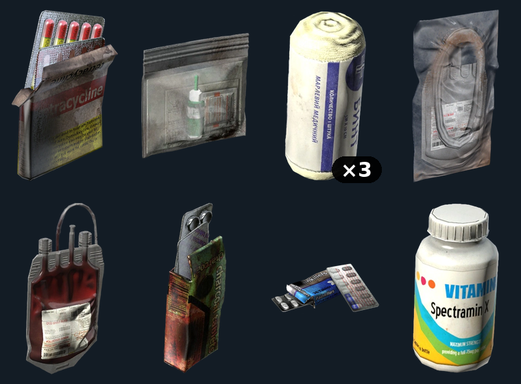 Med Kit — flat-lay montage of everything in the package: Tetracycline Antibiotics, Blood Test Kit, Bandage Dressing ×3, Blood Bag Empty, Blood Bag IV, Charcoal Tablets, Painkiller Tablets, Vitamin Bottle