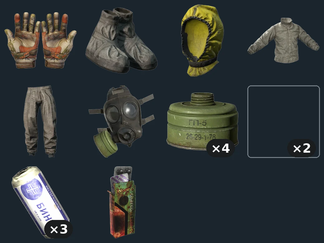 NBC Gear — flat-lay montage of everything in the package: NBC Gloves Gray, NBC Boots Gray, NBC Hood Gray, NBC Jacket Gray, NBC Pants Gray, Airborne Mask, Gas Mask Filter ×4, Anti Chem Injector ×2, Bandage Dressing ×3, Charcoal Tablets (no game graphic could be sourced for: Anti Chem Injector)