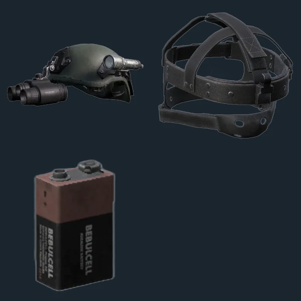 Night Vision Goggles — flat-lay montage of everything in the package: NV Goggles, NVG Headstrap, Battery9 V