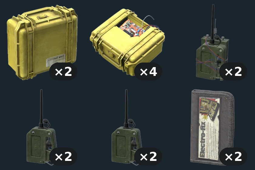 Plastic Explosive Kit — flat-lay montage of everything in the package: Small Protector Case ×2, Plastic Explosive ×4, Remote Detonator ×2, Remote Detonator Receiver ×2, Remote Detonator Trigger ×2, Electronic Repair Kit ×2