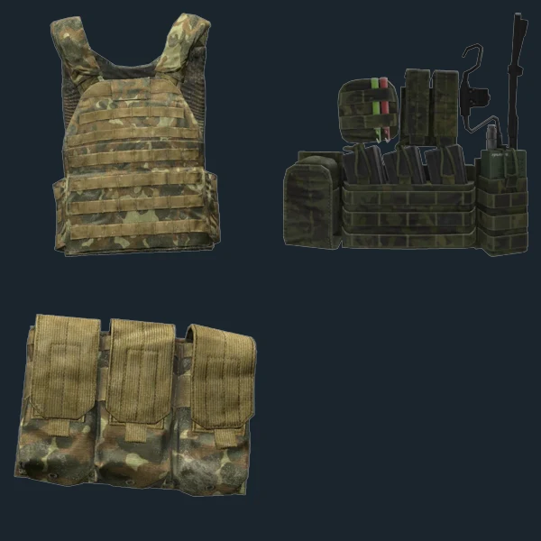 Plate Carrier Camo set — flat-lay montage of everything in the package: Plate Carrier Vest Camo, Plate Carrier Pouches Camo, Plate Carrier Holster Camo