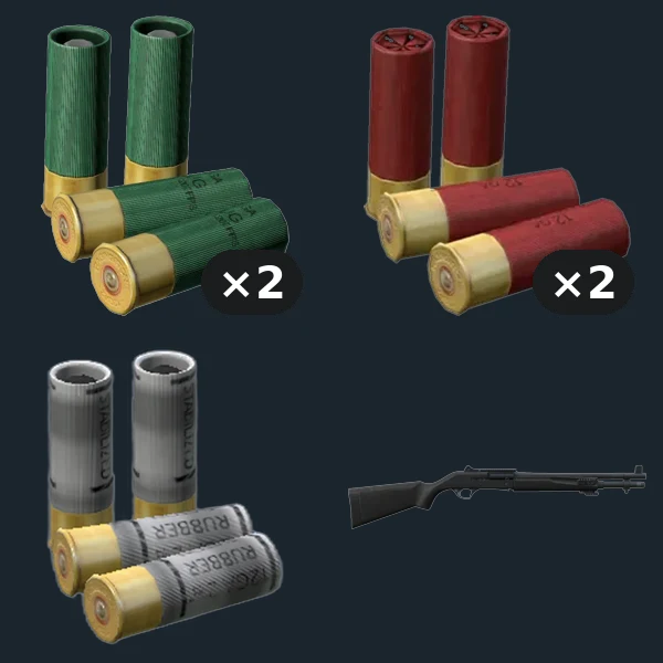 R-12 SHOTGUN — flat-lay montage of everything in the package: Ammo 12ga Slug ×2, Ammo 12ga Pellets ×2, Ammo 12ga Rubber Slug, R12