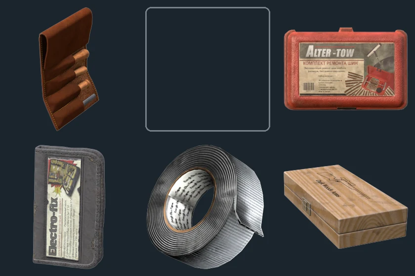 Repair Kits — flat-lay montage of everything in the package: Leather Sewing Kit, Sewing Kit, Tire Repair Kit, Electronic Repair Kit, Duct Tape, Weapon Cleaning Kit (no game graphic could be sourced for: Sewing Kit)