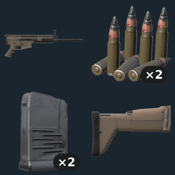 SCAR Assault Riffle — flat-lay montage of everything in the package: SCARH, Ammo 308 Win ×2, Mag SCARH 20 Rnd ×2, SCAR Precision Bttstck Black
