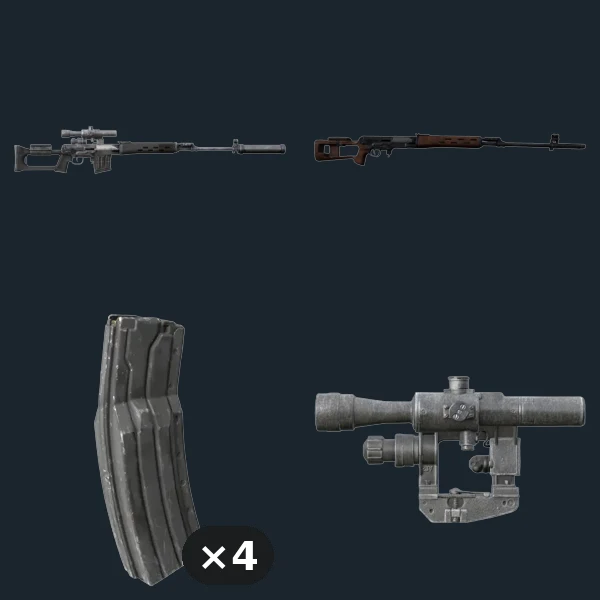 SVD Sniper Rifle — flat-lay montage of everything in the package: SVD, SVD Wooden, Mag SVD 10 Rnd ×4, PSO1 Optic