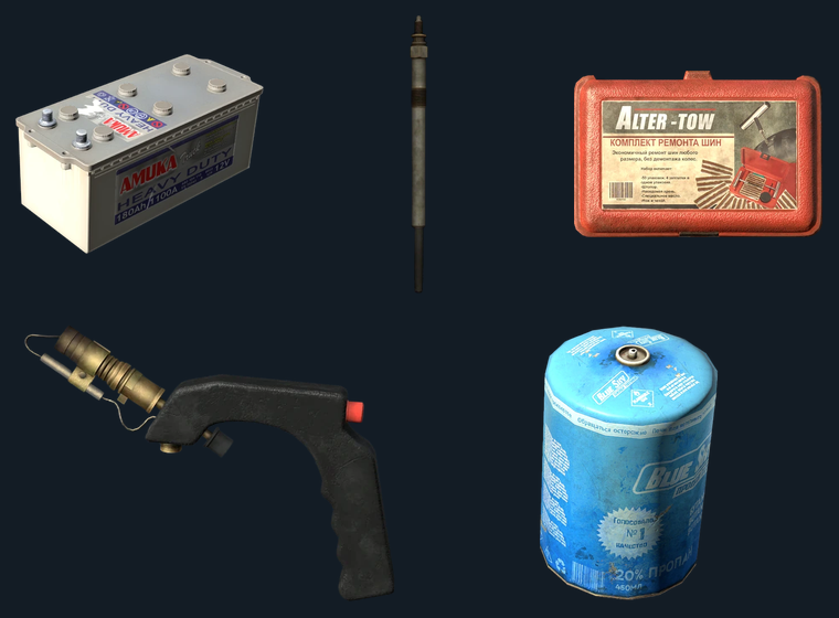 Truck Repair Kit — flat-lay montage of everything in the package: Truck Battery, Glow Plug, Tire Repair Kit, Blowtorch, Large Gas Canister