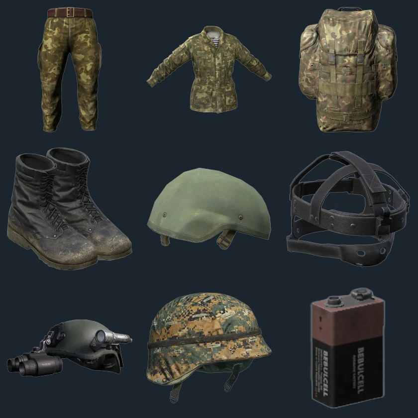 TTSKO CAMO KIT w/NIGHT VISION — flat-lay montage of everything in the package: TTSKO Pants, T Ts KO Jacket Camo, Assault Bag Ttsko, TTSKO Boots, Ballistic Helmet Green, NVG Headstrap, NV Goggles, Ballistic Helmet Woodland, Battery9 V