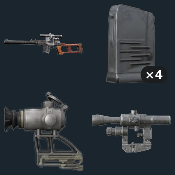 VSS Vintorez Sniper Rifle — flat-lay montage of everything in the package: VSS, Mag VSS 10 Rnd ×4, Kashtan Optic, PSO1 Optic